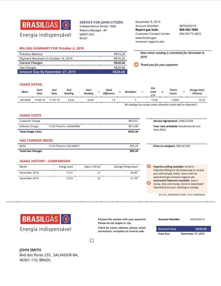 Brazil Gas utility bill template in Word and PDF format